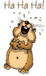 Funny hamster laughing with hands on cheeks, cartoon style.