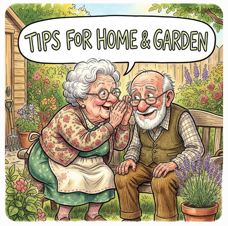 Cartoon of an elderly couple sharing tips on a garden bench, with a speech bubble reading TIPS FOR HOME and GARDEN