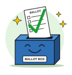 Cartoon of a ballot marked with a green check mark going into a smiling ballot box