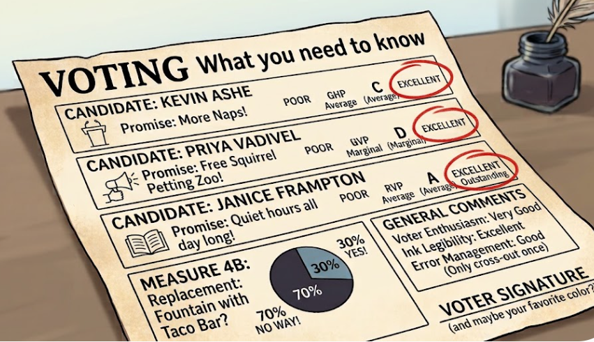 Cartoon ballot titled VOTING: What you need to know